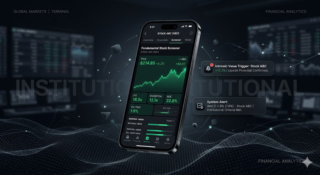 ClearGuidance Fundamental Stock Screener showing intrinsic value triggers and WACC alerts